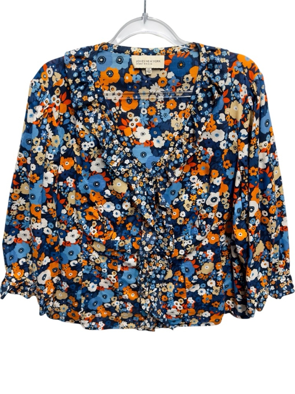Anthropologie Floral Ruffle Blouse in Blue, Orange, White